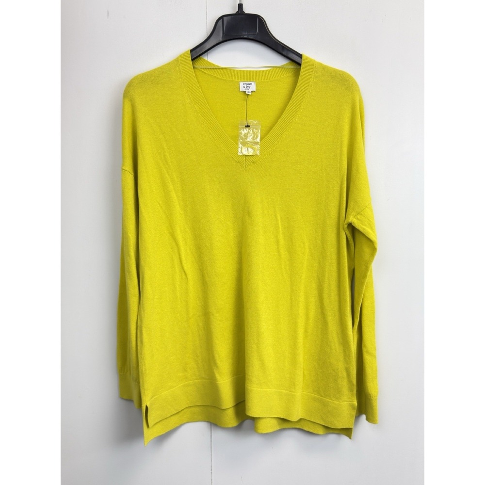 Crown & Ivy‎ Pullover Sweater Neon Yellow V-Neck Women's PXL Tunic Wool Blend